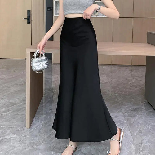 Load image into Gallery viewer, Women Vintage Korean Fashion 2025 Spring Summer New Black Beige Brown High Waist Vacation Wrapped Hip Fishtail Long Skirt Simple
