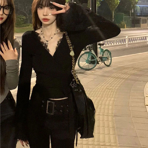 Load image into Gallery viewer, 2025 Y2k Aesthetic Lace Patchwork Crop Top Streetwear Harajuku Women Vintage T-shirt  Streetwear V Neck Bottoming Grunge Tees
