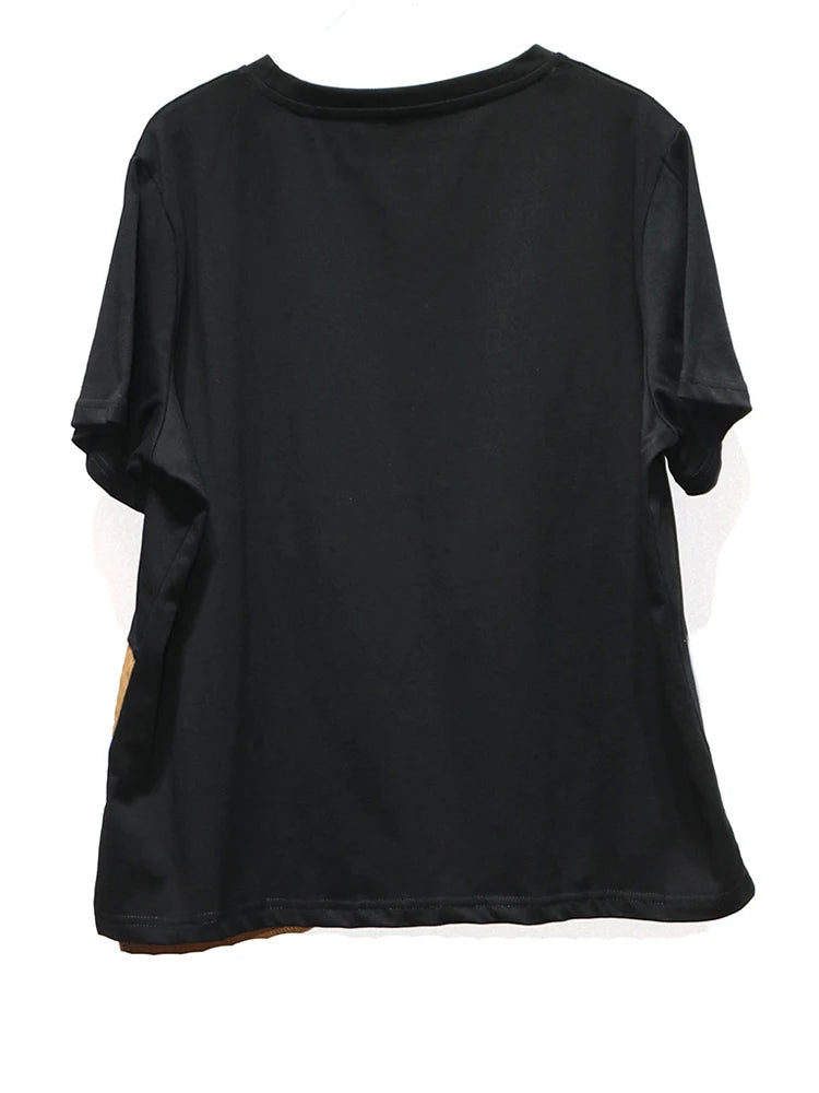 Women Black Color-block Irregular Big Size T-shirt New Round Neck Shorr Sleeve Fashion Tide Spring Summer 2025 1DJ0562