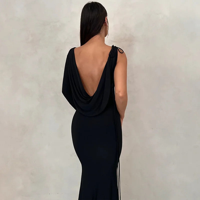 Elegant Backless Sexy Maxi Dress For Women Robe 2023 Spring New V Neck One Sleeve Lace-up Party Long Dress Vestido