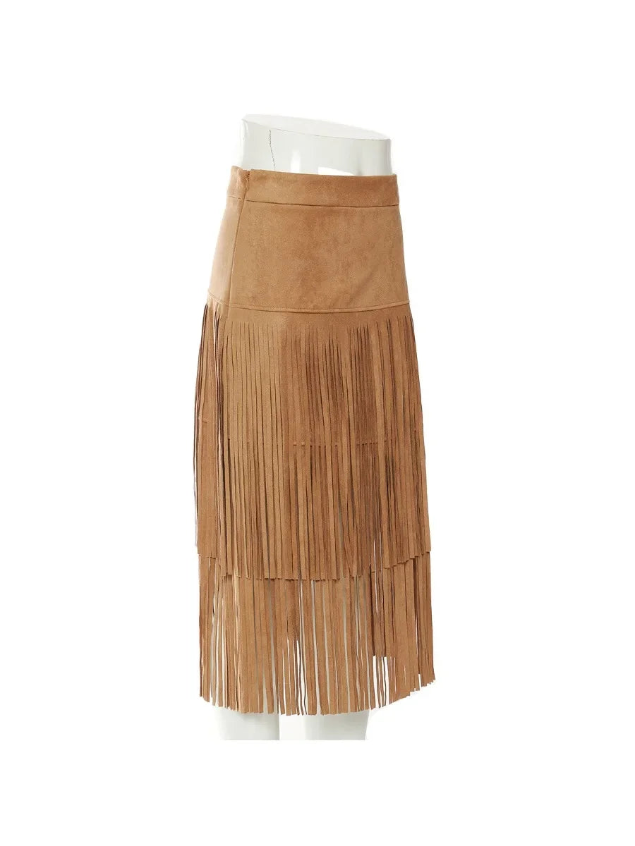 Spliced Tassel Designer Skirts for Women High Waist Chic Slimming Skirt Female Fashion Style Clothes