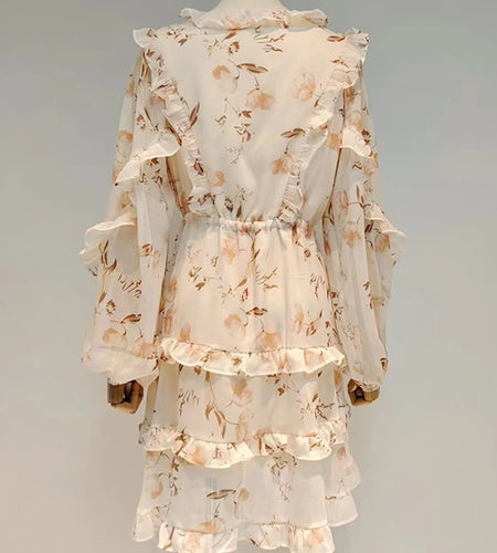 Vintage Dress For Women V Neck Loose Long Sleeve Patchwork Ruffle Trim Print Mini A Line Dresses Female 2021 Autumn Clothing