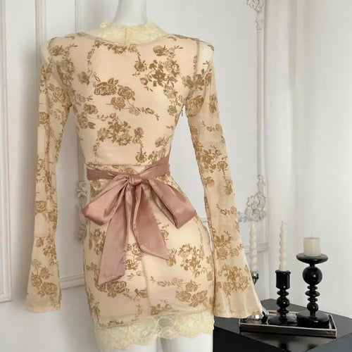 Load image into Gallery viewer, Korean Women New Black Patchwork Lace V Neck Long Sleeve Bandage Dress Autumn Yellow Print Elegant Sexy Party Short Dress Trendy
