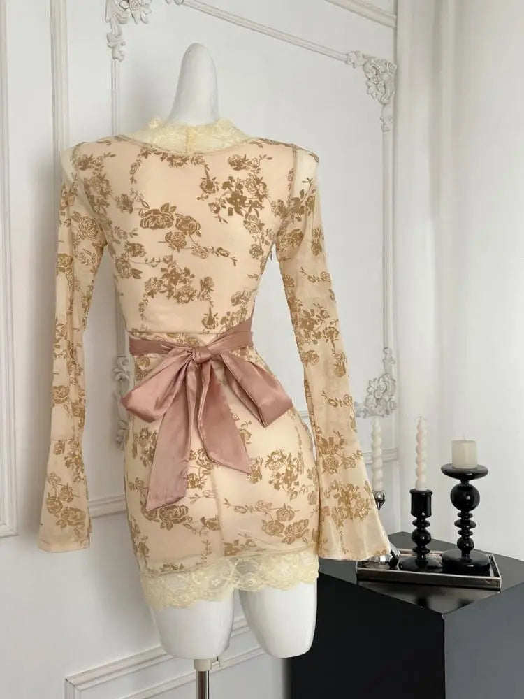 Korean Women New Black Patchwork Lace V Neck Long Sleeve Bandage Dress Autumn Yellow Print Elegant Sexy Party Short Dress Trendy