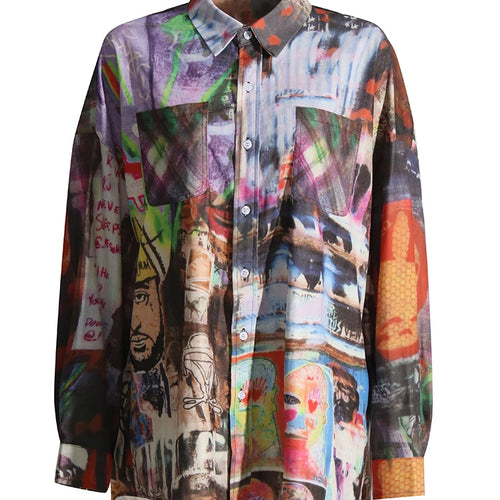Load image into Gallery viewer, Hit Color Printing Blouses For Women Lapel Long Sleeve Patchwork Single Breasted Casual Loose Shirts Female Fashion
