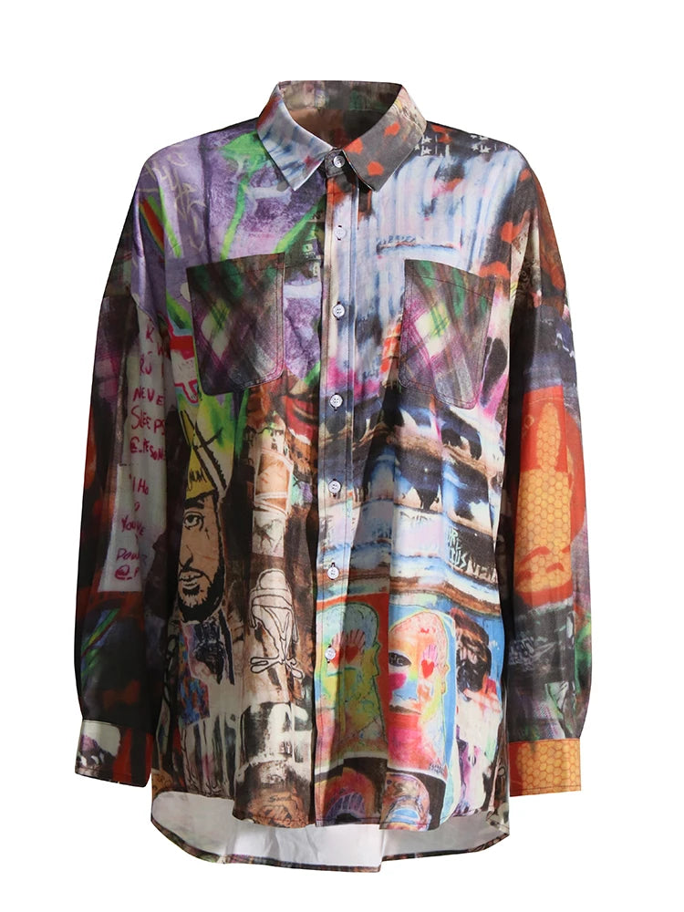 Hit Color Printing Blouses For Women Lapel Long Sleeve Patchwork Single Breasted Casual Loose Shirts Female Fashion
