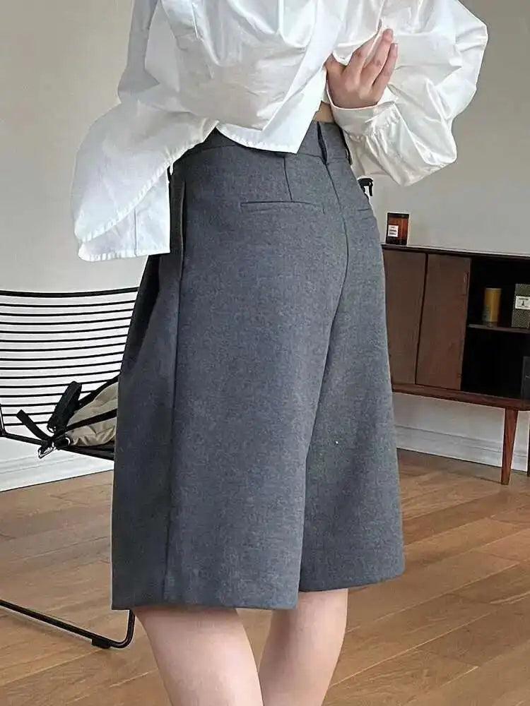 Women Gray Pleated Pocket Elegant Casual Wide Leg Shorts New High Waist Trousers Fashion Tide Spring Summer 2025 1DH4866