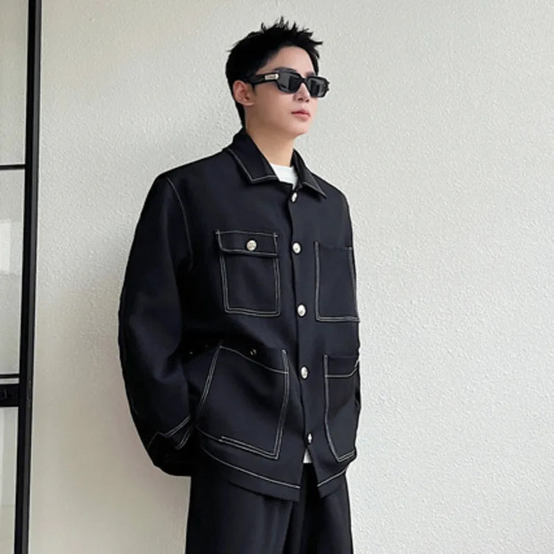 Men's Jacket New Open Line Solid Color Design Korean Turn-down Collar Multi Pockets Handsome Suit Jackets Spring 9W1520