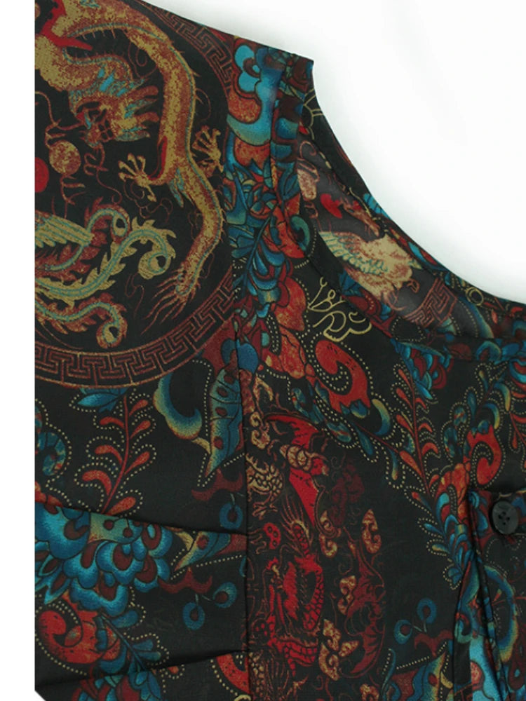 Women Black Pattern Printed Big Size Midi Dress New Round Neck Short Sleeve Fashion Tide Spring Summer 2025 1DJ0298