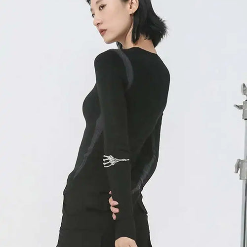 Load image into Gallery viewer, Black Slim Color-block Knitting Sweater Round Neck Long Sleeve Women Pullovers New Fashion Tide Spring Autumn 2025 1DH2082
