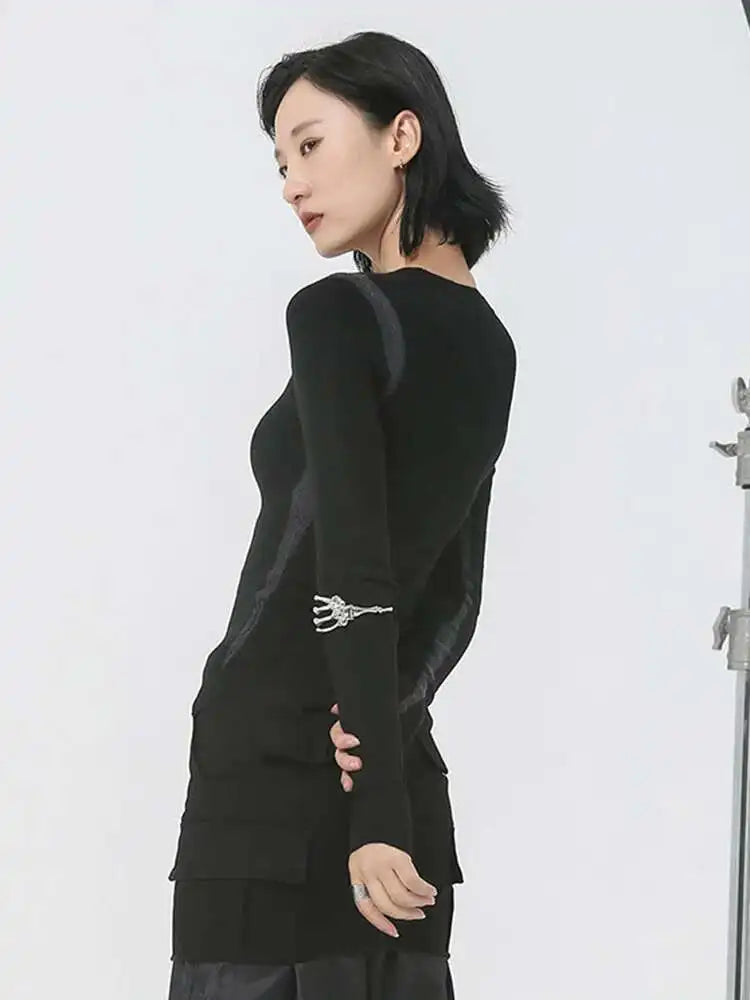 Black Slim Color-block Knitting Sweater Round Neck Long Sleeve Women Pullovers New Fashion Tide Spring Autumn 2025 1DH2082