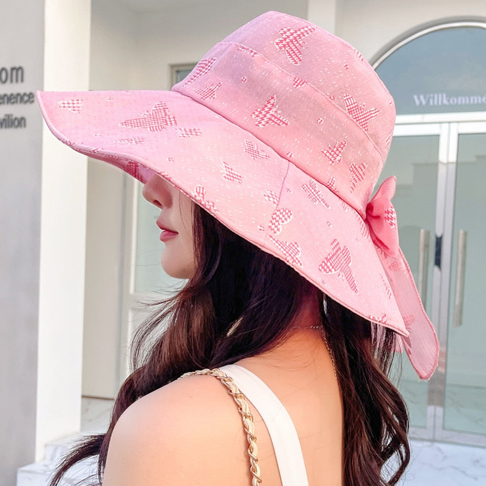 Women Summer Sun Hat Fashion Bow Butterfly Print Sun Cap Female Outdoor Sun Protection Travel Beach Bucket Hat