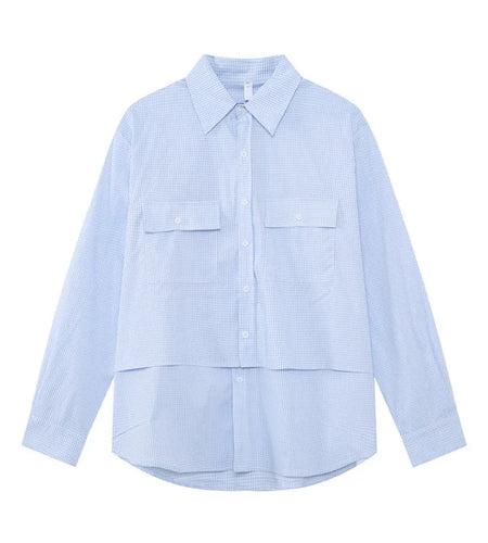 Korean Style Men's Shirts Turn-down Collar Fake Two-piece Plaid Design Long Sleeved Single Breasted Loose Male Tops 9W1262