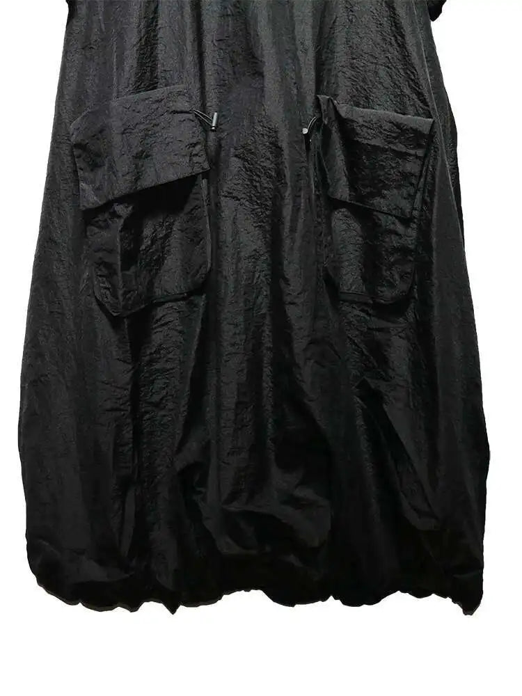 Women Black Drawstring Pocket Big Size Midi Dress New Round Neck Shhort Sleeve Fashion Tide Spring Summer 2025 1DJ0773