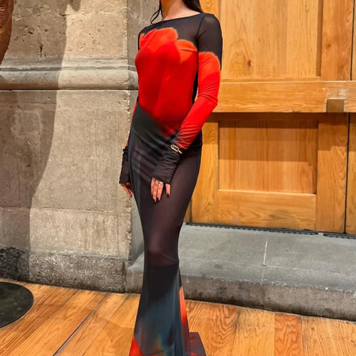 Load image into Gallery viewer, Fashion Printed Long Sleeve Mesh Patchwork Dress Women Sexy Perspective Vestido Elegant Slimming Holiday Clothing 2025
