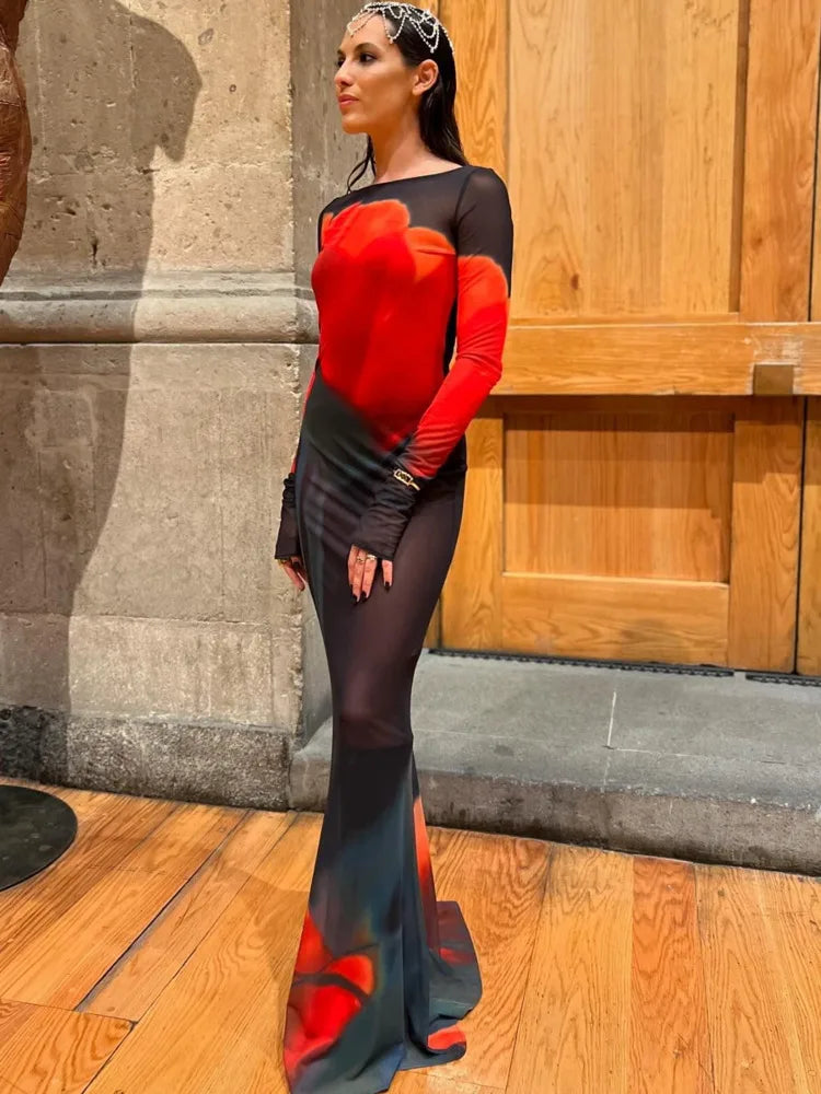 Fashion Printed Long Sleeve Mesh Patchwork Dress Women Sexy Perspective Vestido Elegant Slimming Holiday Clothing 2025