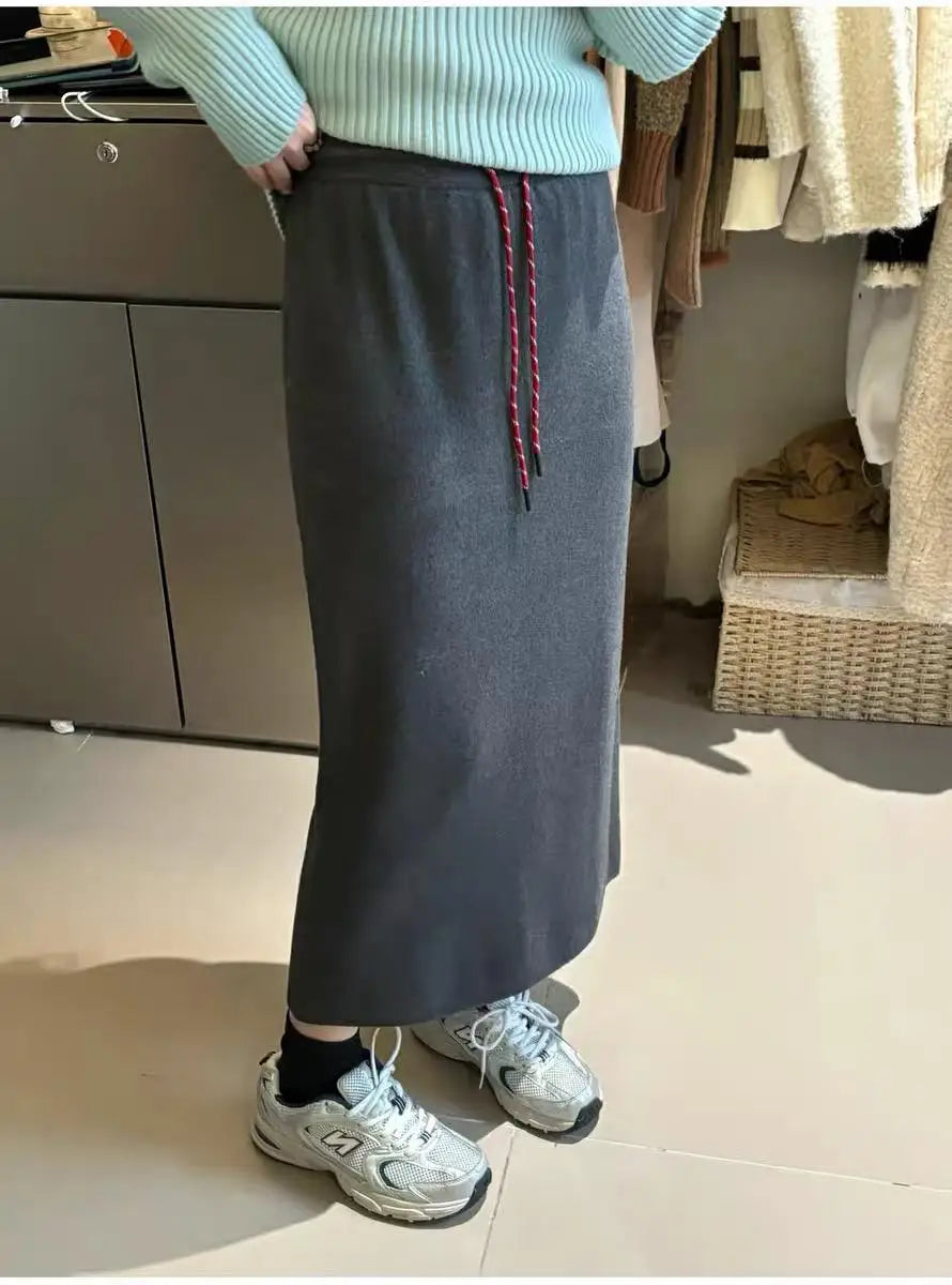 Korean Solid Drawstring Lace-up Elegant High Waist Long Skirt Women Versatile Split Skirt Streetwear 2024 Fashion Autumn Winter