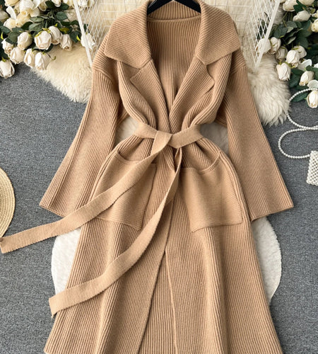 Korean New Autumn Winter Women Simplicity Solid Long Sleeves Vacation Bandage Cardigan Knitwear Sweater Coat Fashion Trend Thick