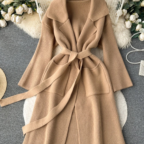 Load image into Gallery viewer, Korean New Autumn Winter Women Simplicity Solid Long Sleeves Vacation Bandage Cardigan Knitwear Sweater Coat Fashion Trend Thick

