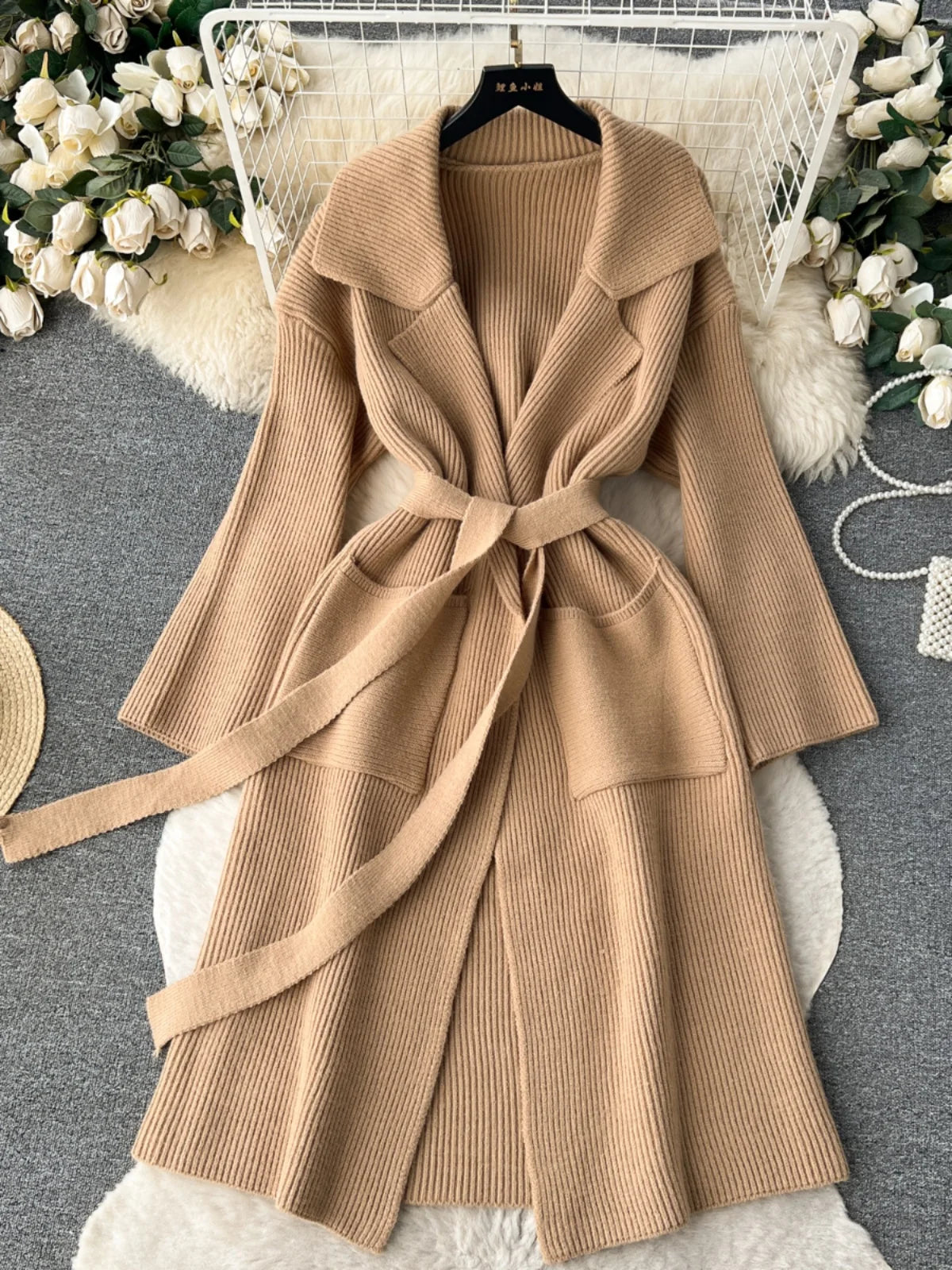 Korean New Autumn Winter Women Simplicity Solid Long Sleeves Vacation Bandage Cardigan Knitwear Sweater Coat Fashion Trend Thick