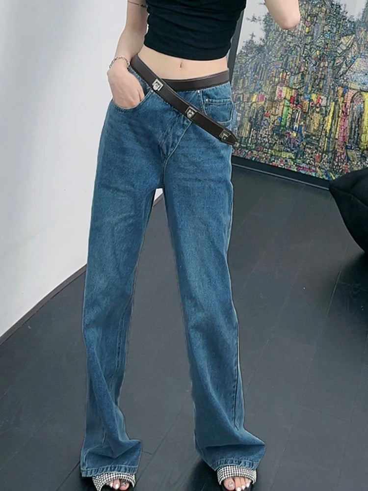 Casual Loose Denim Pants For Women High Waist Patchwork Belt Irregular Designer Straight Leg Jeans Female Fashion