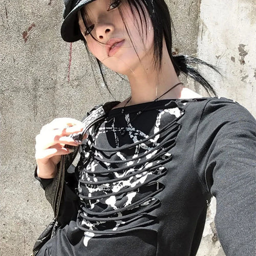 Load image into Gallery viewer, Y2k Aesthetic Vintage Slim Fit T-Shirt Women Streetwear Printing Hip Hop Goth Tops Harajuku Vintage Hollow Out Grunge Tees 2025
