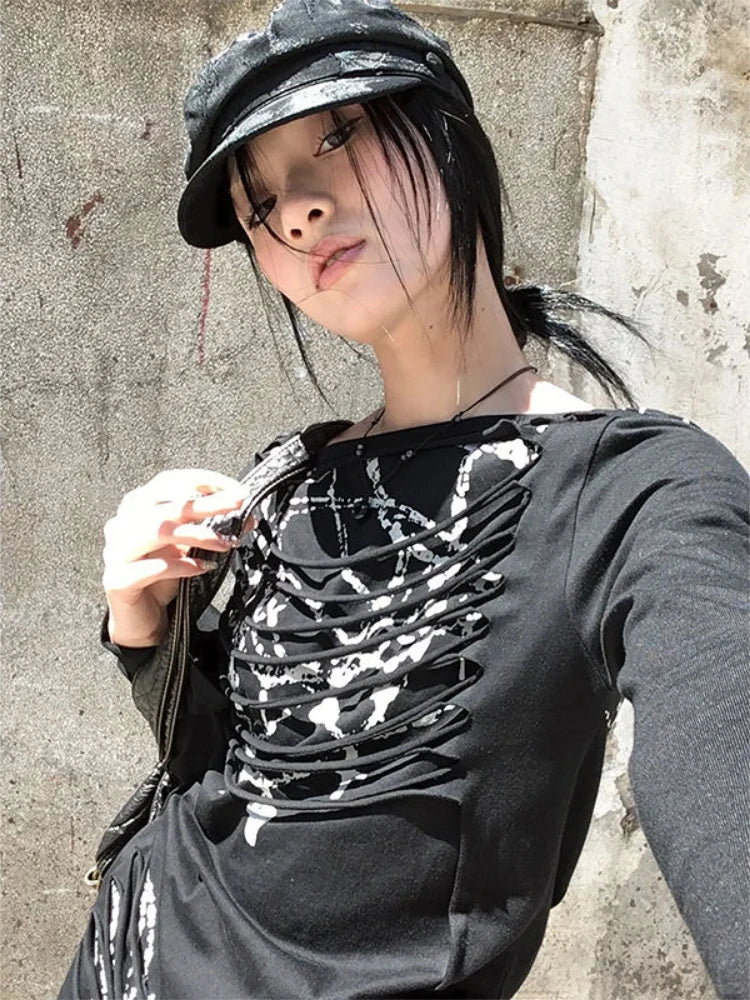 Y2k Aesthetic Vintage Slim Fit T-Shirt Women Streetwear Printing Hip Hop Goth Tops Harajuku Vintage Hollow Out Grunge Tees 2025
