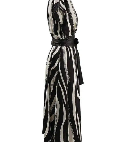 Women Beige Striped Printed Belted Elegant Midi Dress New V-Neck Sleeveless Fashion Tide Spring Summer 2025 CPG1504