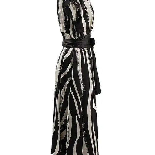 Load image into Gallery viewer, Women Beige Striped Printed Belted Elegant Midi Dress New V-Neck Sleeveless Fashion Tide Spring Summer 2025 CPG1504
