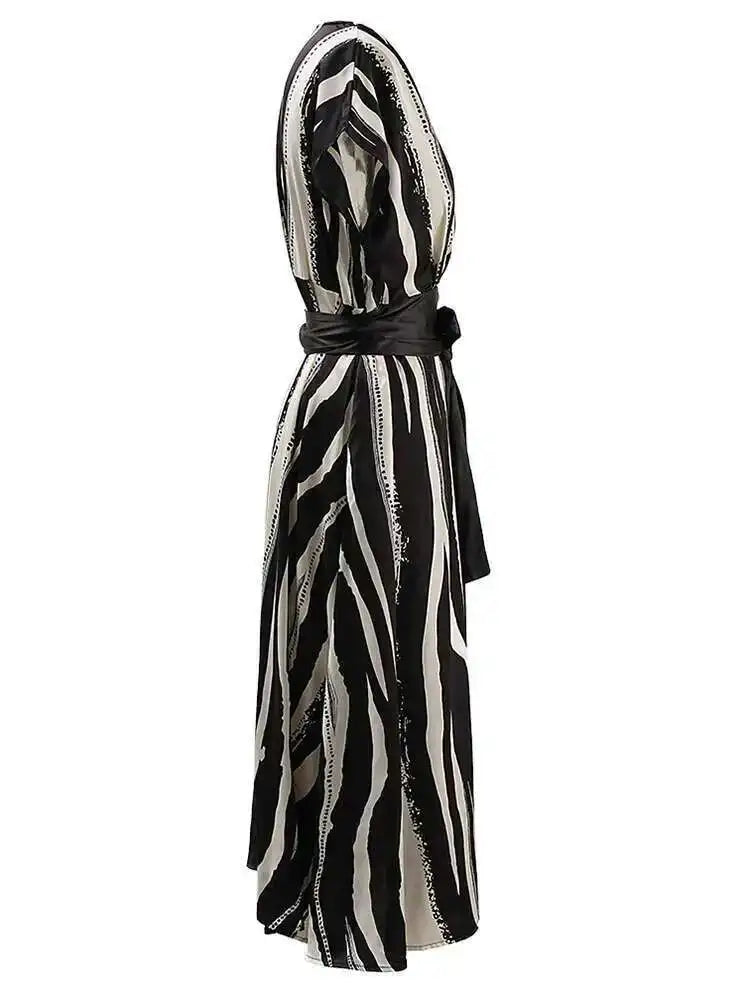 Women Beige Striped Printed Belted Elegant Midi Dress New V-Neck Sleeveless Fashion Tide Spring Summer 2025 CPG1504