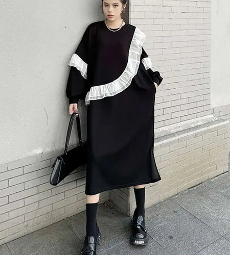 Women Black Ruffles Spliced Big Size Long Casual Dress New Round Neck Long Sleeve Fashion Tide Spring Autumn 2025 1DH7701
