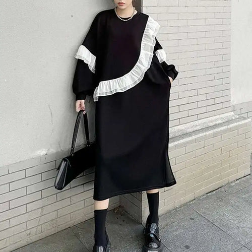 Load image into Gallery viewer, Women Black Ruffles Spliced Big Size Long Casual Dress New Round Neck Long Sleeve Fashion Tide Spring Autumn 2025 1DH7701
