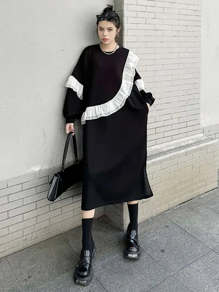Women Black Ruffles Spliced Big Size Long Casual Dress New Round Neck Long Sleeve Fashion Tide Spring Autumn 2025 1DH7701