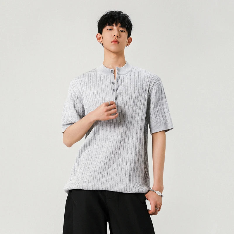 Men's T-shirts New Summer Fashion Male Multi Buttons Solid Color Round Neck Shourt Sleeves Trendy Clothing 2025 9W1385