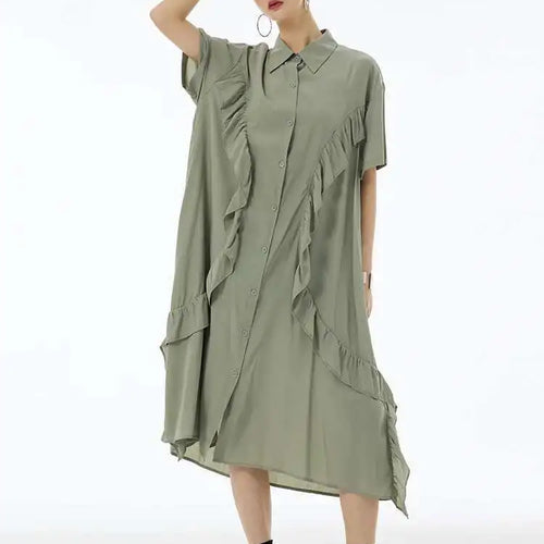Load image into Gallery viewer, Women Green Irregular Ruffles Big Size Midi Shirt Dress New Lapel Short Sleeve Fashion Tide Spring Summer 2025 1DH6080
