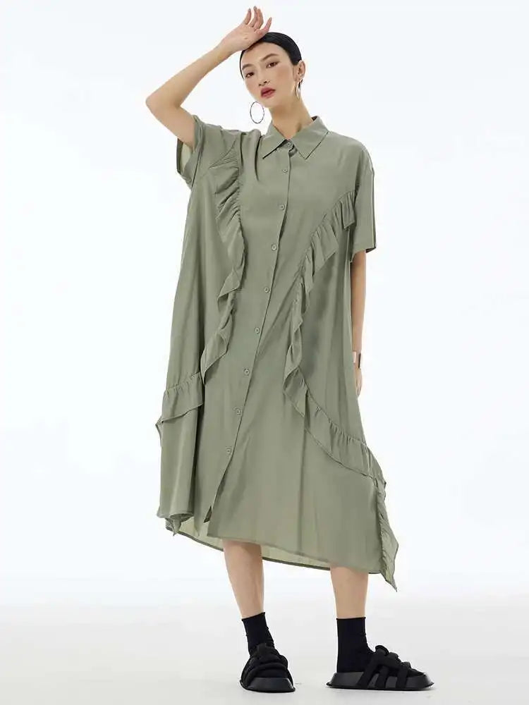 Women Green Irregular Ruffles Big Size Midi Shirt Dress New Lapel Short Sleeve Fashion Tide Spring Summer 2025 1DH6080