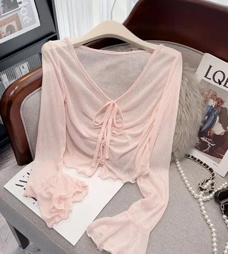 Summer Fashion 2025 New Yellow Pink V Neck Single Breasted Pleated Shirt Women White Slim Flared Long Sleeves Lace-up Tops Trend