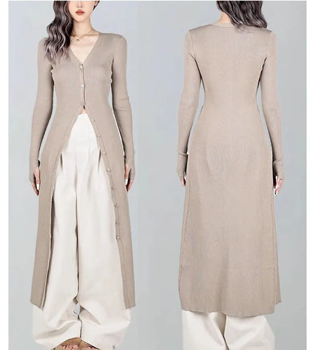 Fall Winter Y2K Fashion Black Simple Long Slim V-Neck Thick Knitted Sweaters for Women Trendy Long Sleeve Knitted Cardigan C-226