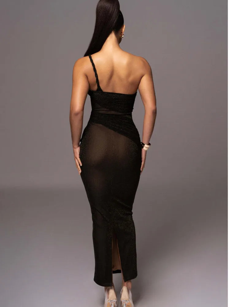 Elegant Sleeveless Mesh Patchwork Split Dress Women's Sexy Open Back Tight Female Vestidos Slim Party Club Evening Dress