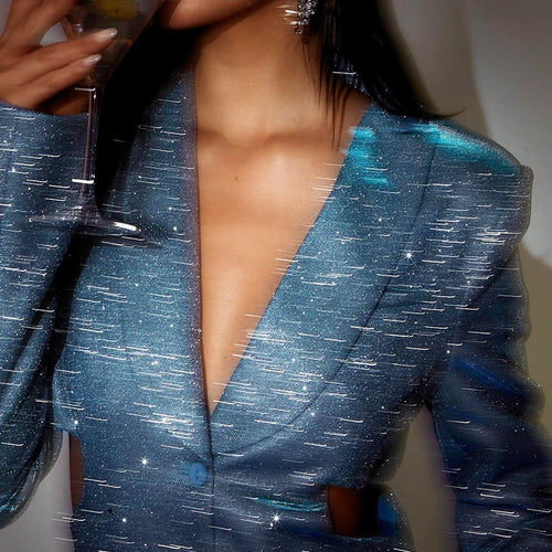 Load image into Gallery viewer, Sexy Glitter Shiny Women Blazer Dress Blue Long Sleeve Hollow Out Dress Female Autumn Skinny Elegant Party Clubwear 2022
