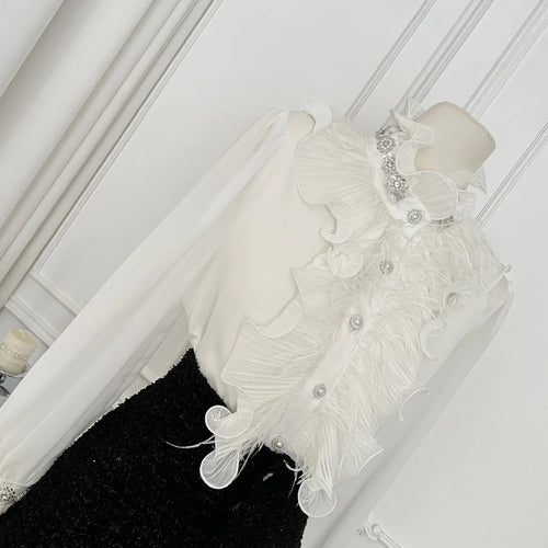 Load image into Gallery viewer, Vintage Fashion Women White Diamond Festival Shirt Autumn Elegant Long Sleeve Blouse French Single Breasted Ruffles Shirt Simple
