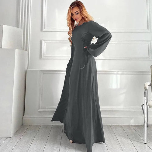 Load image into Gallery viewer, Ribbed Bandage Sexy Maxi Dress For Women Solid Lace-up O Neck Long Sleeve High Waist Elegant Long Dress Fashion
