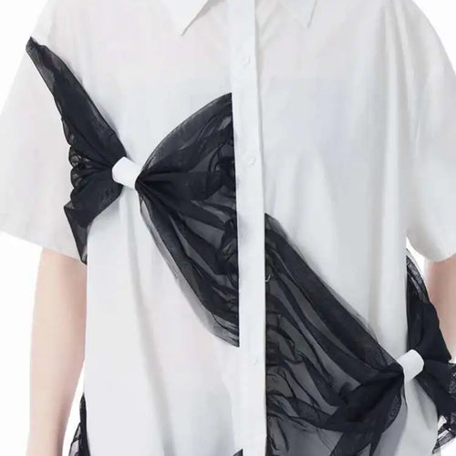 Load image into Gallery viewer, Women White Mesh Bow Color-block Big Size Shirt Dress New Lapel Short Sleeve Fashion Tide Spring Summer 2025 1DJ0048
