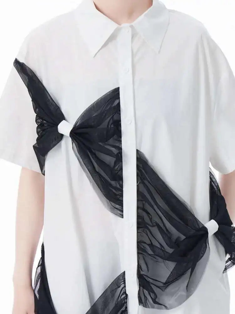 Women White Mesh Bow Color-block Big Size Shirt Dress New Lapel Short Sleeve Fashion Tide Spring Summer 2025 1DJ0048