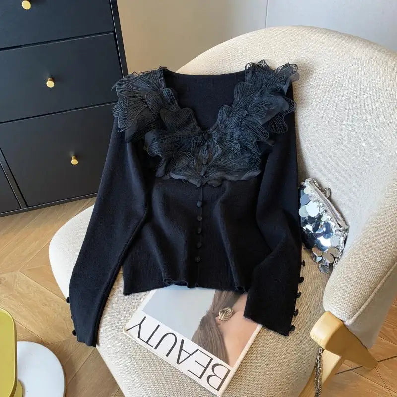 Autumn Winter Black Beige Elegant V Neck Short Knitted Sweater French Women Pink Single Breasted Long Sleeved Pullover Tops Chic