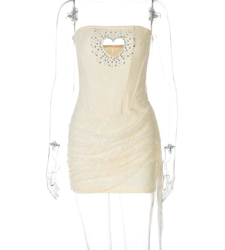 Sequined Strapless Heart Shape Hole Sexy Zipper Patchwork Mesh Mini Dress Summer Elegant Cute Outfits Birthday Party