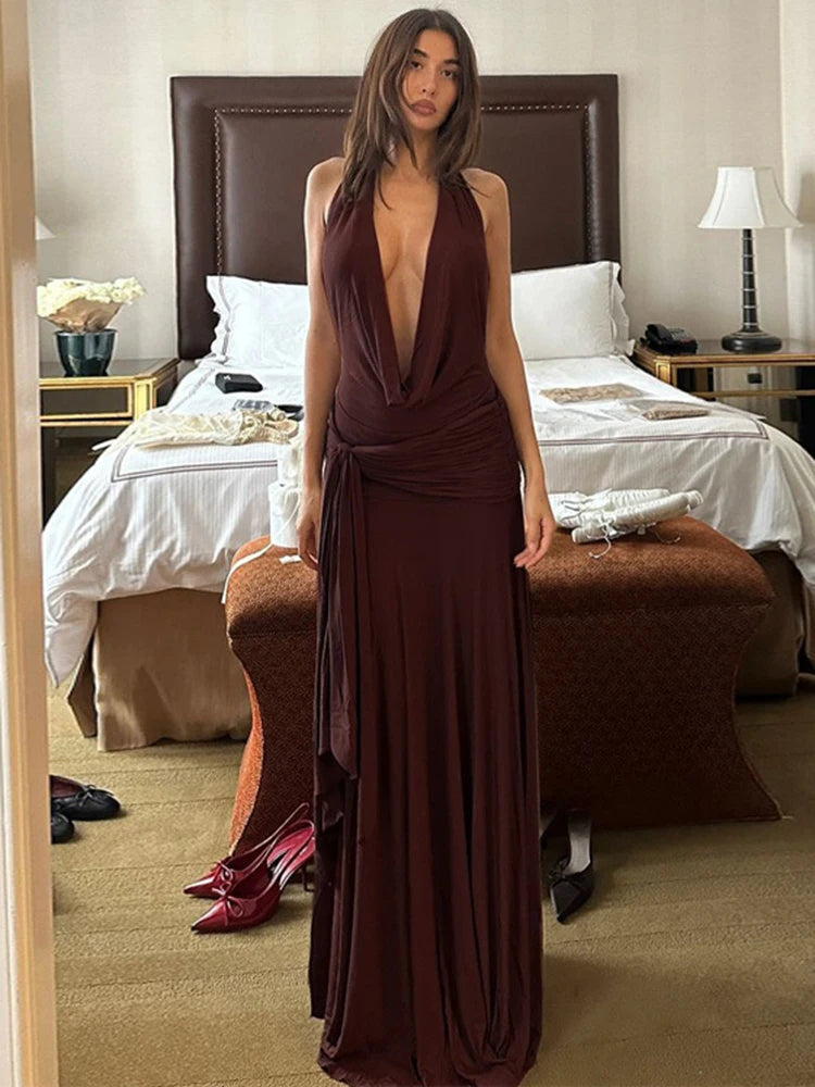 Halter Deep V Neck Sexy Maxi Dress For Women Gown Sleeveless Backless Thigh High Split Ruched Bodycon Long Dress