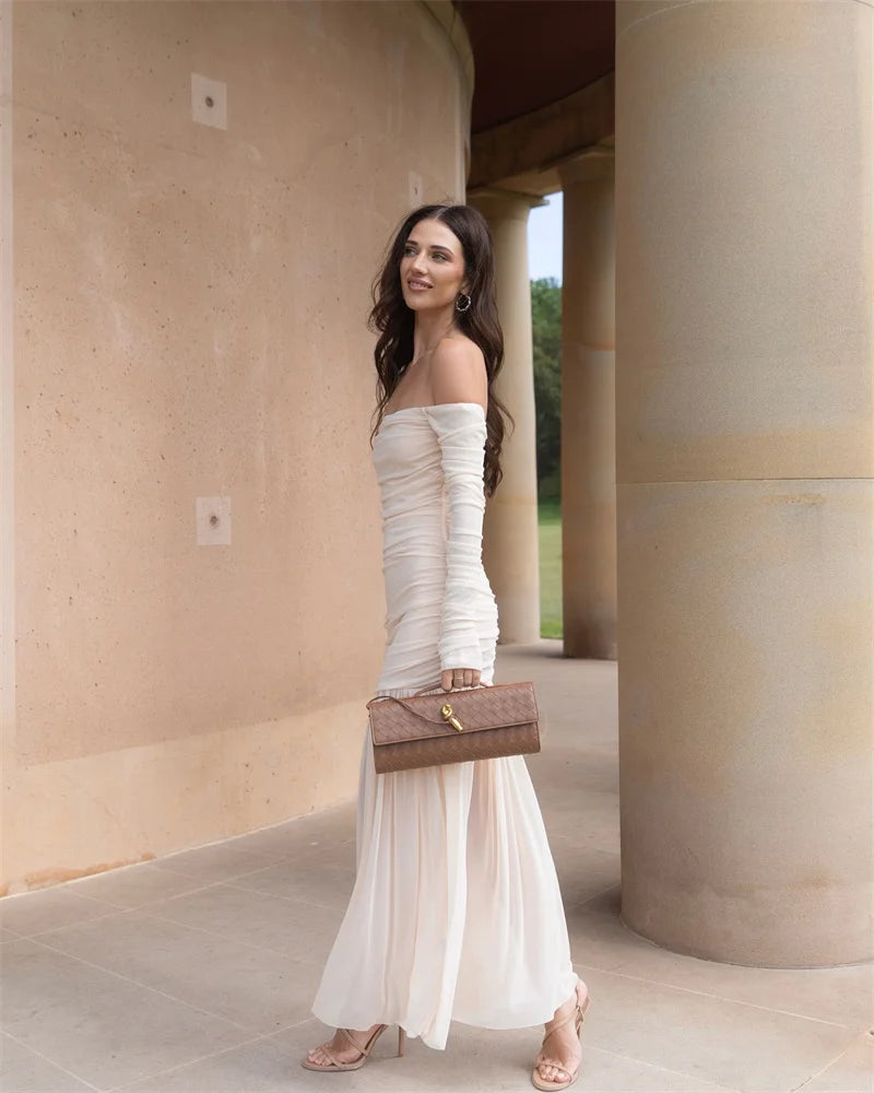 Off-shoulder Strapless Sexy Maxi Dress Women Summer New Patchwork Backless Long Sleeve Pleated Long Dress Elegant