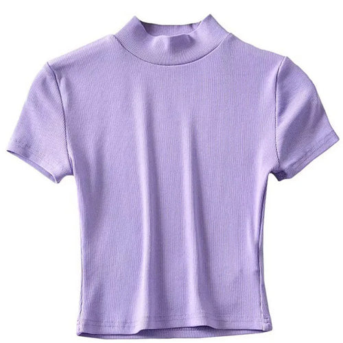 Load image into Gallery viewer, Women High Neck Fitted Short Sleeve T-shirt Rib Crop Rib Top
