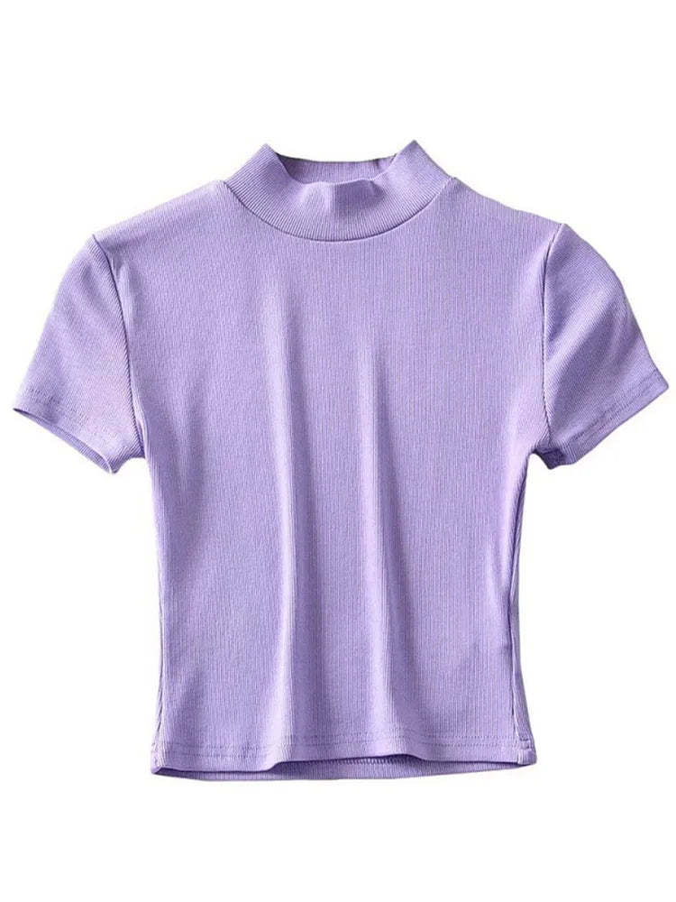 Women High Neck Fitted Short Sleeve T-shirt Rib Crop Rib Top